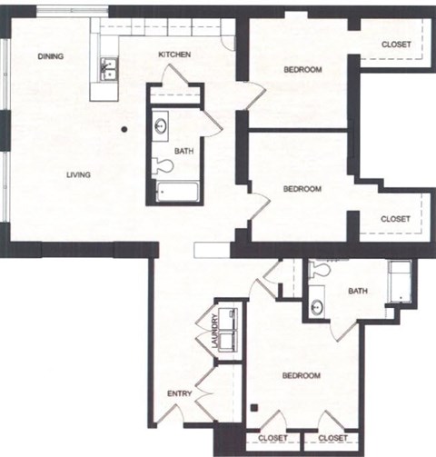Floor plan for 3 beds, 2 baths, 1595 sqft